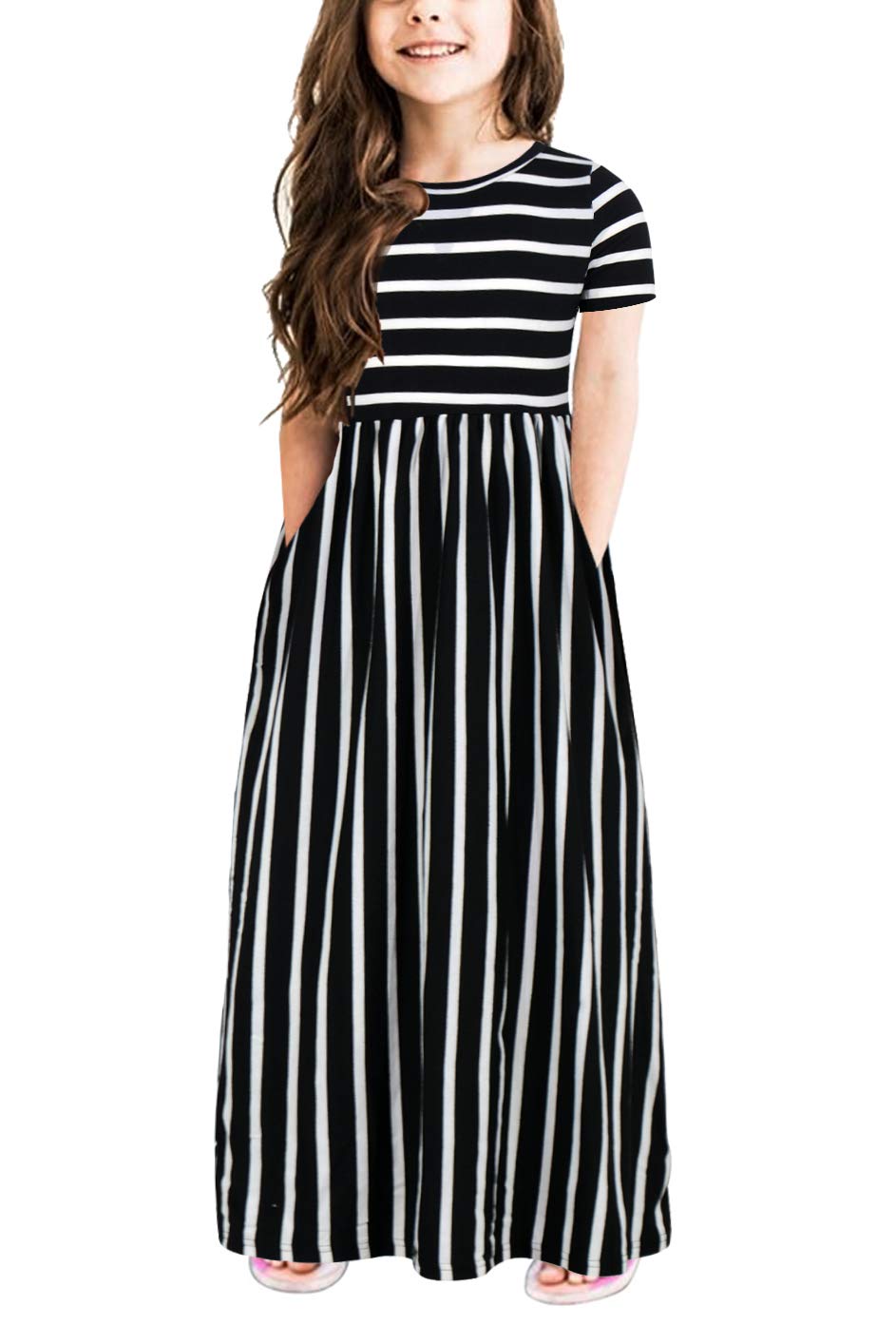Gorlya Girls Short Sleeve Floral Print Loose Casual Holiday Long Maxi Dress With Pockets 4-12 Years (9-10Yearsheight:140Cm, Blac