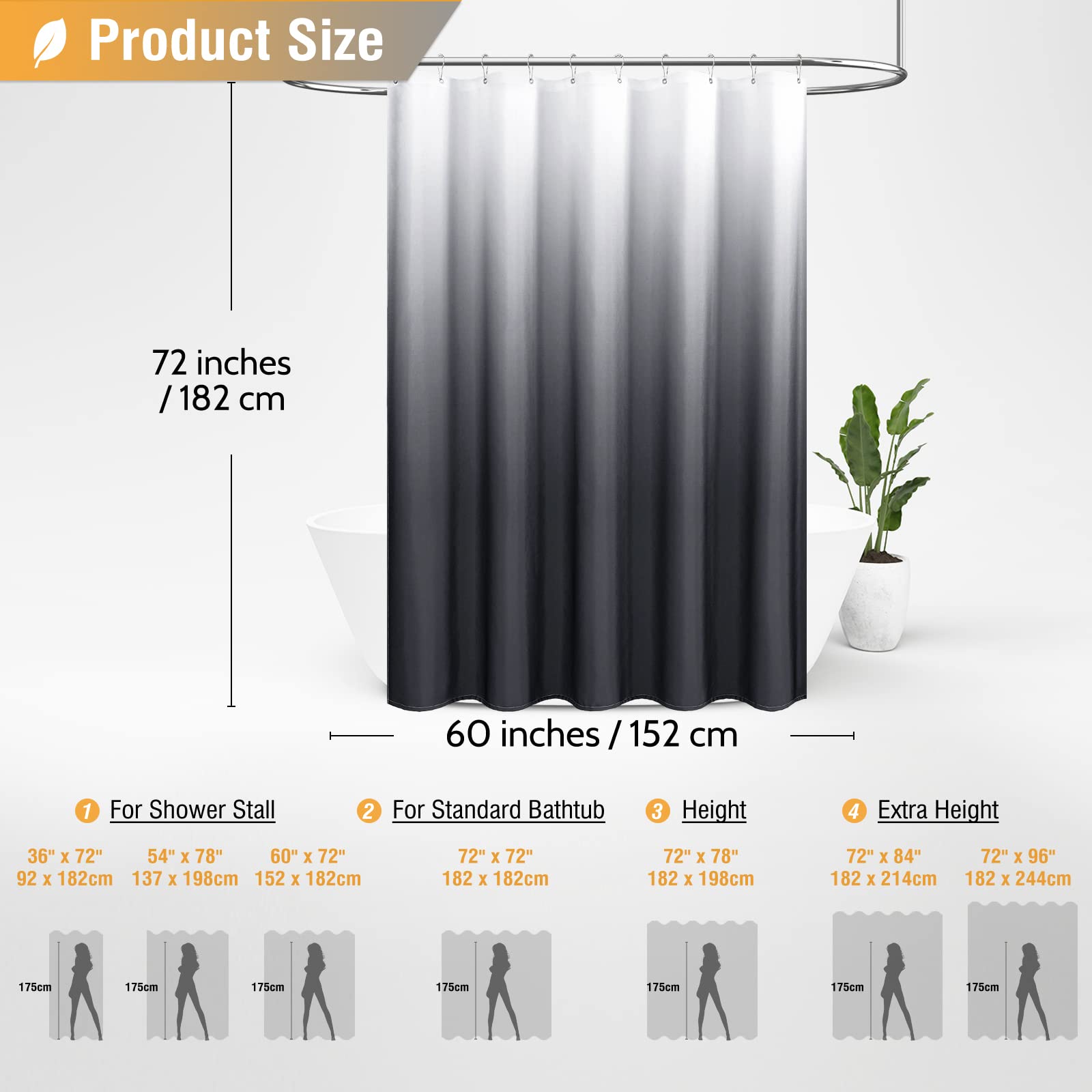BTTN Stall Fabric Shower Curtain - 60 x 72 Inch Ombre Linen Textured Weighted Shower Curtain Set with 10 Metal Hooks  Narrow Modern Water-Repellent Thick Cloth Shower Curtains for Bathroom - Grey/Gray