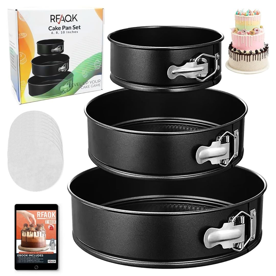 Rfaqk Springform Pan Set Of 3 - Non-Stick Leakproof Round Cake Pans (6'', 8'', 10'') With 90 Pcs Parchment Paper Liners And Bonu