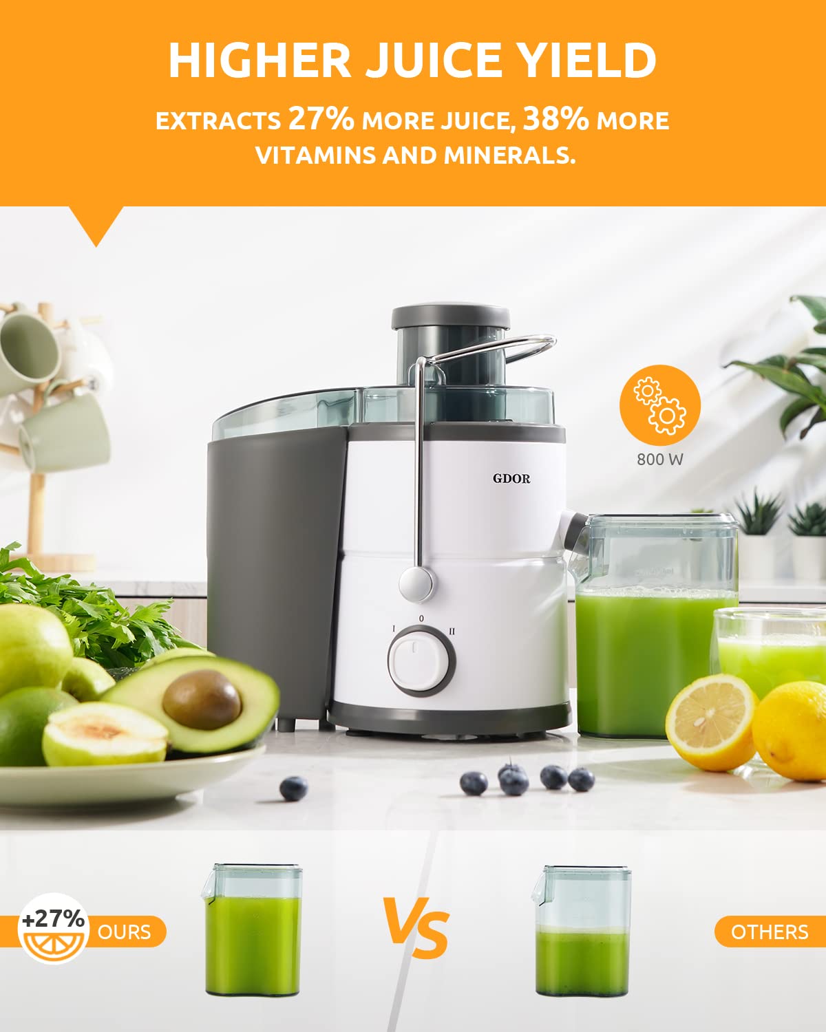 Juicer With 800W Motor, Gdor Juicer Machine With 3    Feed Chute, Dual Speeds Juice Maker For Fruits And Veggies, Anti-Drip Func