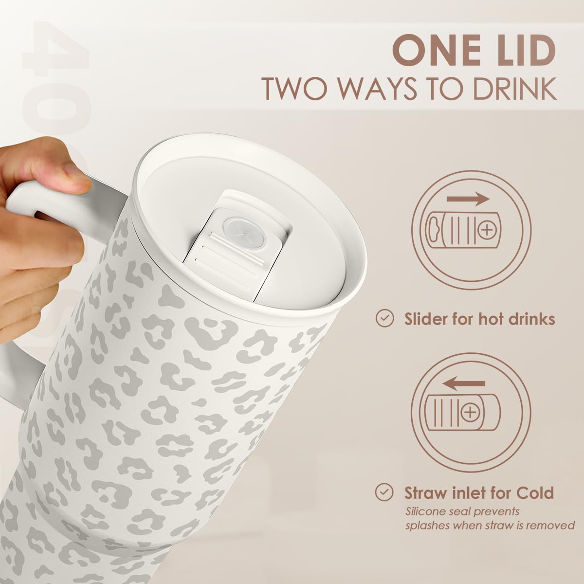 Leopard Tumbler with Handle, Insulated Cup Stainless Steel Travel Mug Cup, Gifts for Women Girl on Birthday Christmas, Cream Leo