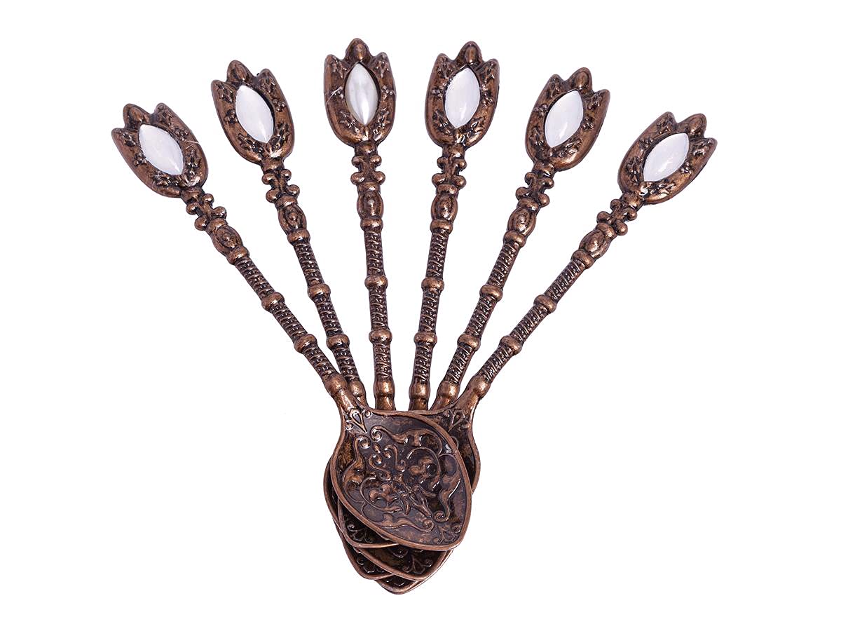 Alisveristime (Set Of 6 Handmade Turkish Tea Water Zamzam Serving Set Glasses Saucer And Spoon (Copper)