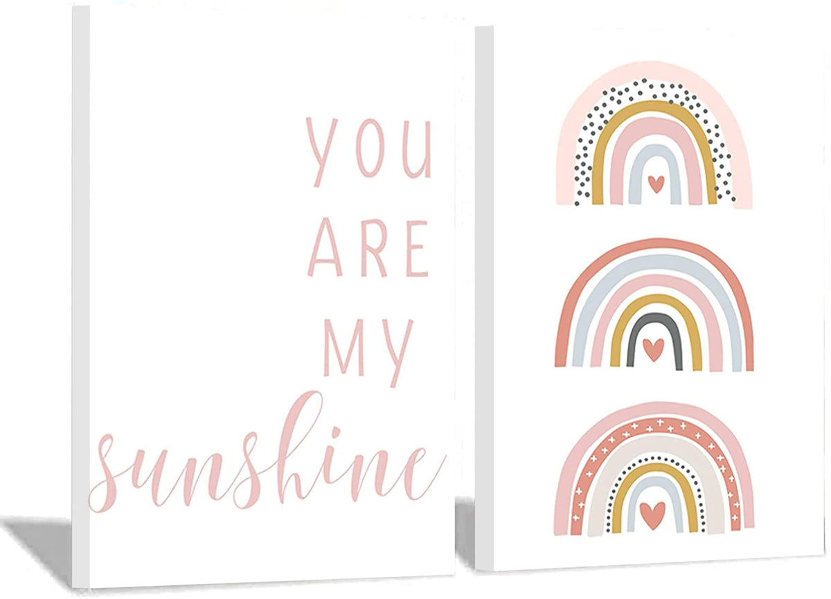 Yuwondess You Are My Sunhine Nursery Canvas Wall Art Sunshine Boho Poster Modern Themed Prints Pink Heart Rainbow Paintings For