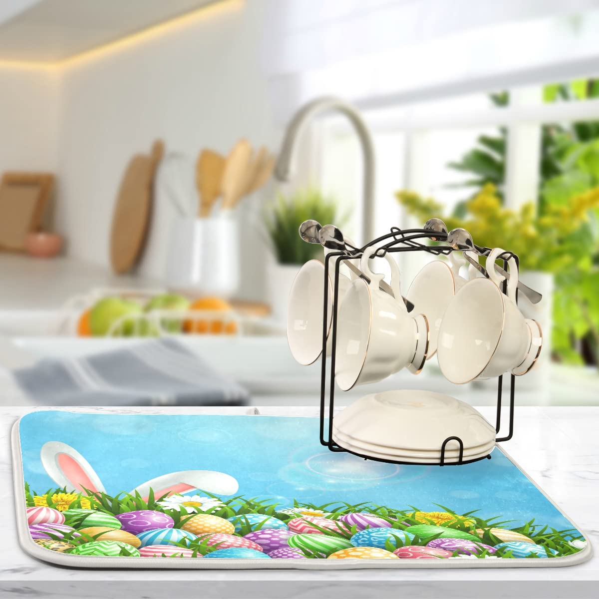 Easter Colorful Eggs Rabbit Dish Drying Mat 18X24 Absorbent Dishes Pad Dish Drainer Mat Protector For Kitchen Fast Dry
