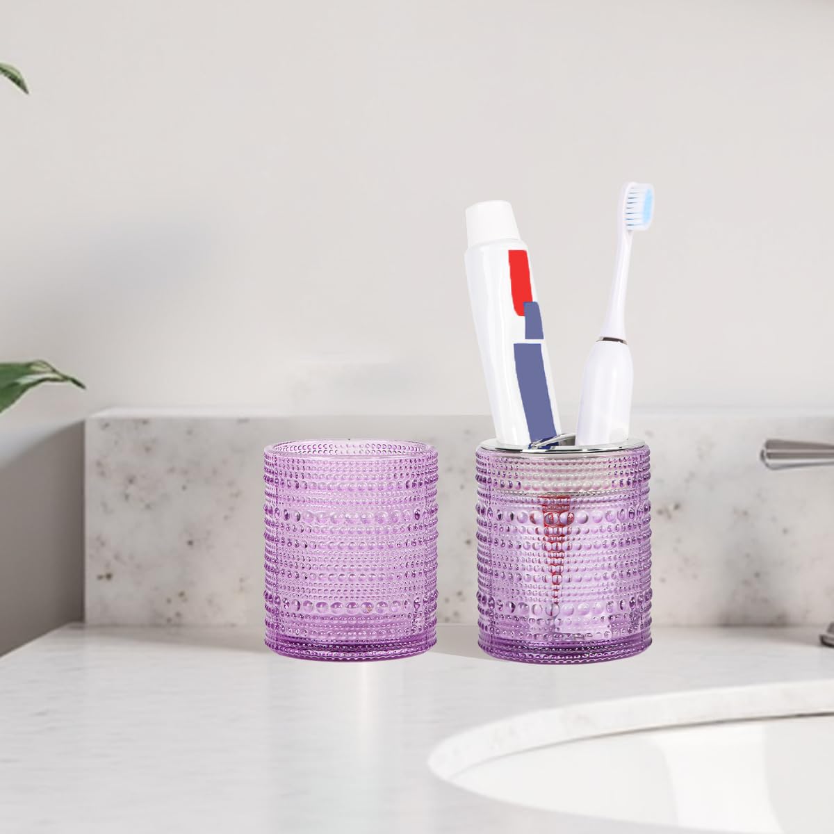 Tonxus Purple Toothbrush Holders for Bathrooms, Glass Toothbrush Holder with 2 Slot Divider, 10oz Bathroom Tumbler and Mouthwash