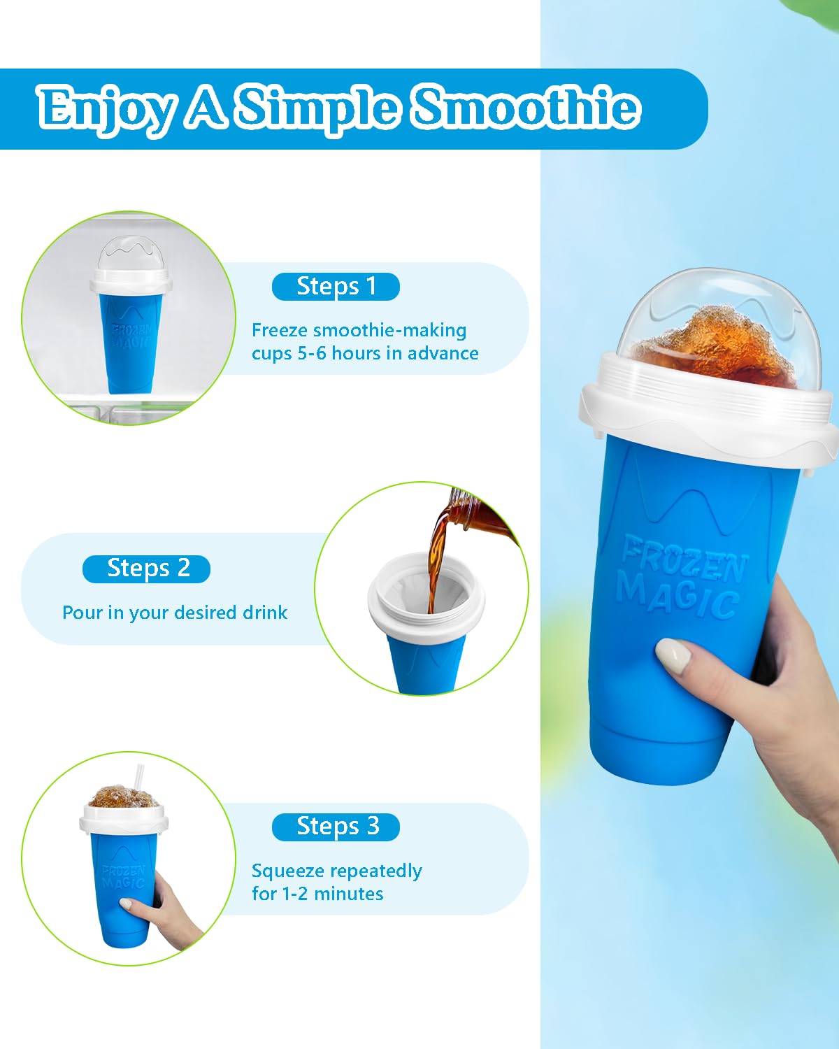 Slushy Maker Cup  DIY Magic Slushy Maker Squeeze Cup  Portable Smoothie Squeeze Cup for Juices  Milk and Ice Cream Make  Double Layers Silica Cup with Lid & Straw for Kids  Friends  Family (Blue)