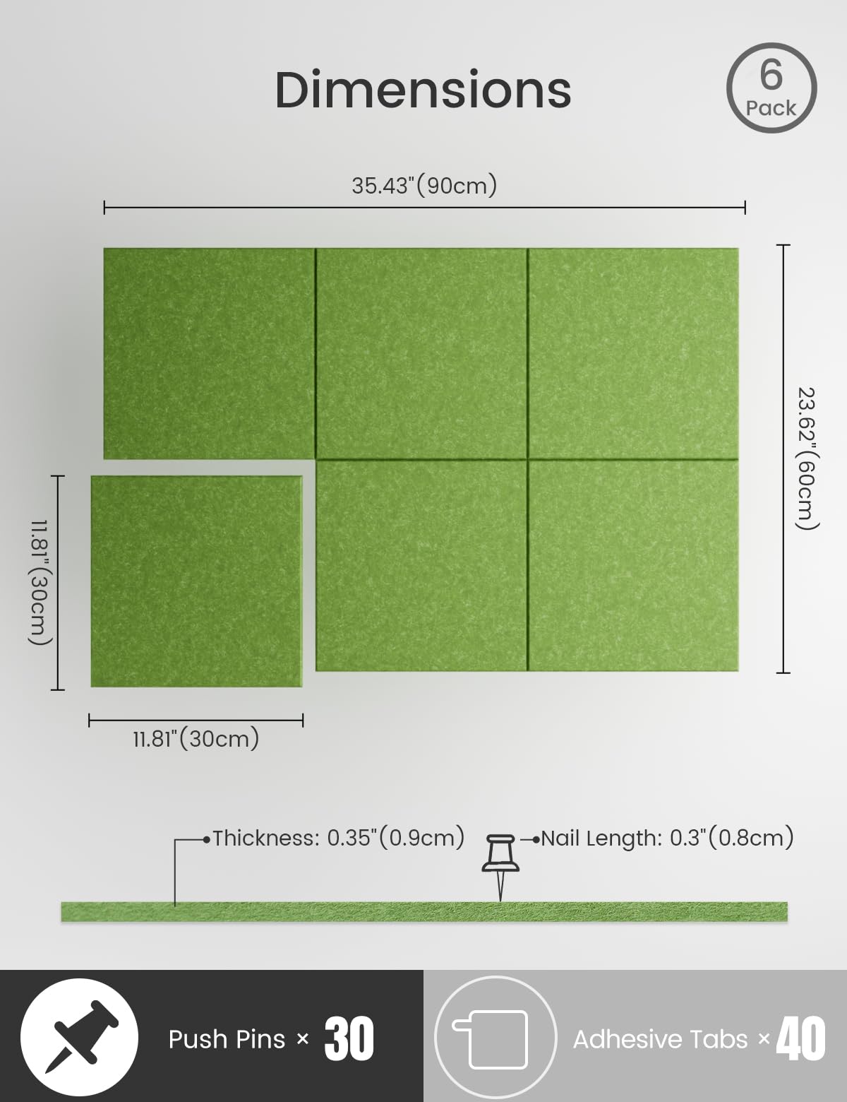 Bumusty Large Cork Board 36x24 Alternative - 6 Pack Felt Wall Tiles with 40 Safe Removable Adhesive Tabs, 30 Pushpins, Cork Boar
