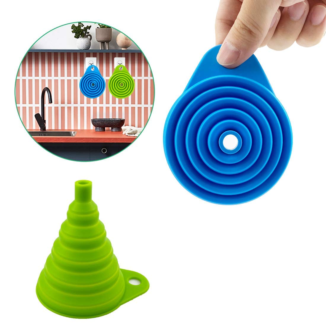 2 Pack Silicone Collapsible Funnel, Flexible Foldable Kitchen Funnel For Water Bottle Liquid Transfer Narrow And Wide Mouth Funn