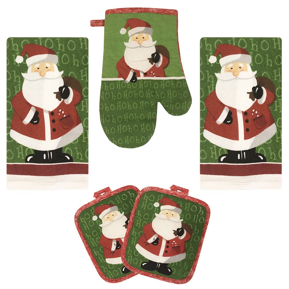 Lobyn Value Packs Kitchen Towel 5 Piece Linen Set 2 Towels 2 Pot Holders 1 Oven Mitt (X-Santa)