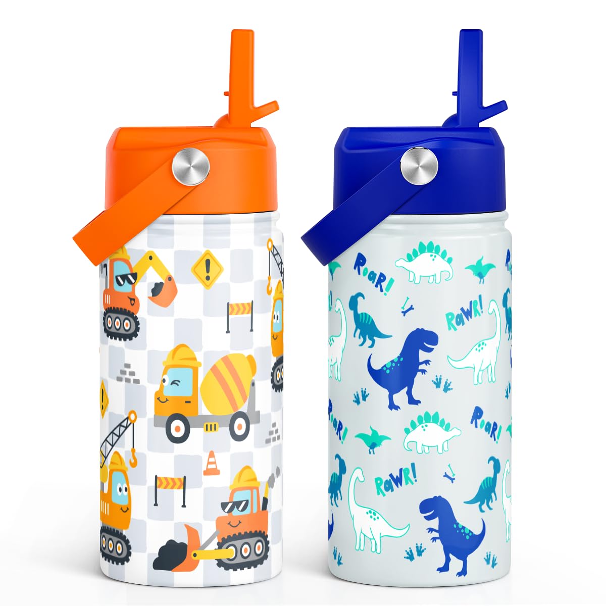 SANDJEST Kid Water Bottle 12oz with Straw Lid - 2-Pack Insulated Stainless Steel Water Bottles for Kids Girls - Travel Cup for S