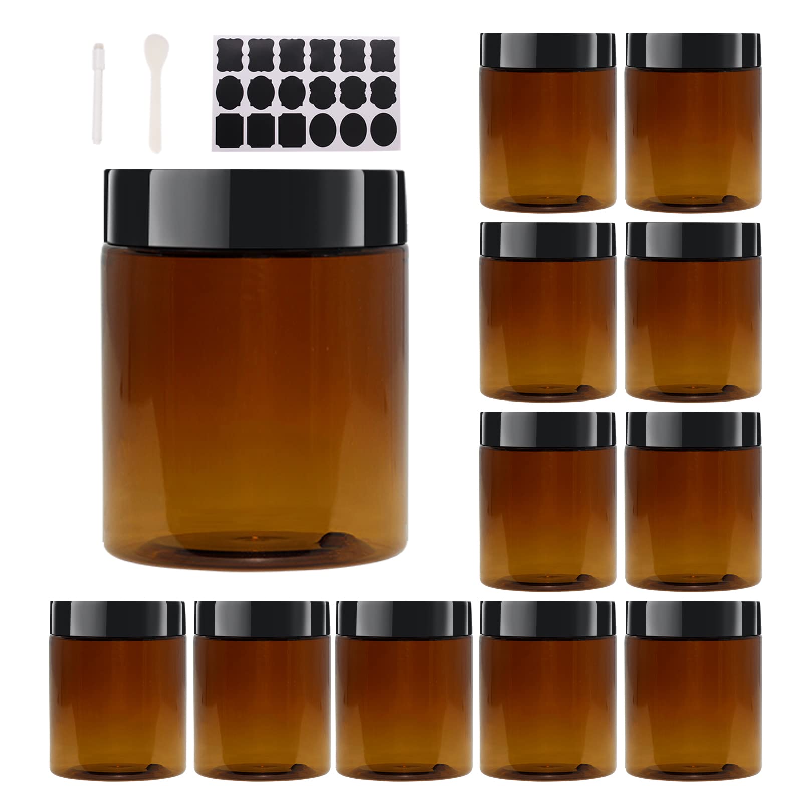 Zmybcpack 12 Pack 8 Oz Amber Plastic Jars With Black Lids, 6 Spatula, A Pen & Labels - Plastic Slime Jars Storage Travel Jars Fo