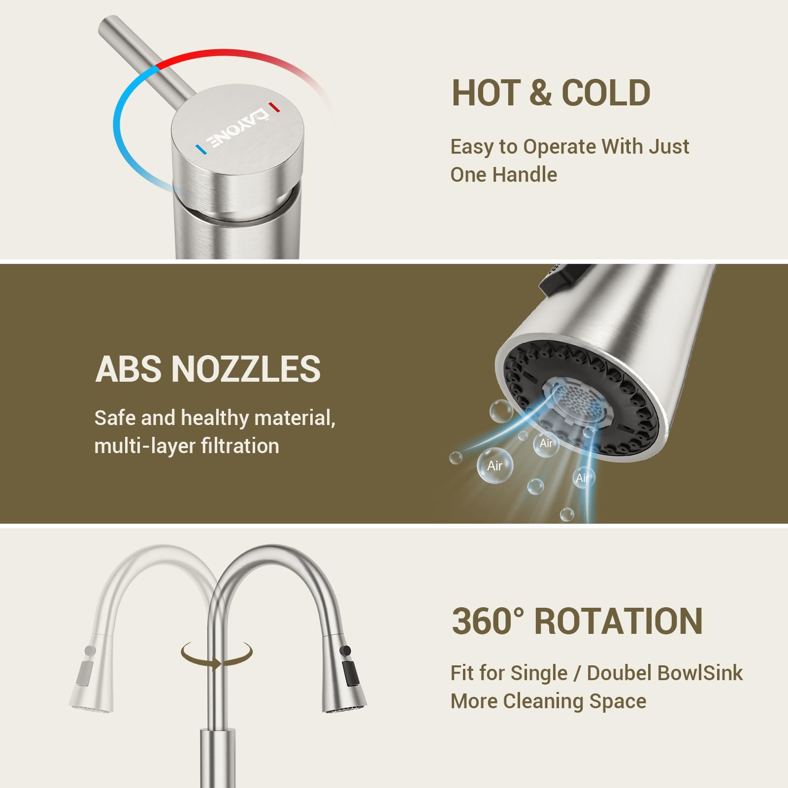 Dayone 2 Holes Kitchen Faucet, Two Holes Stainless Steel Brushed Nickel Kitchen Sink Faucet With Side Single Handle & Pull Down