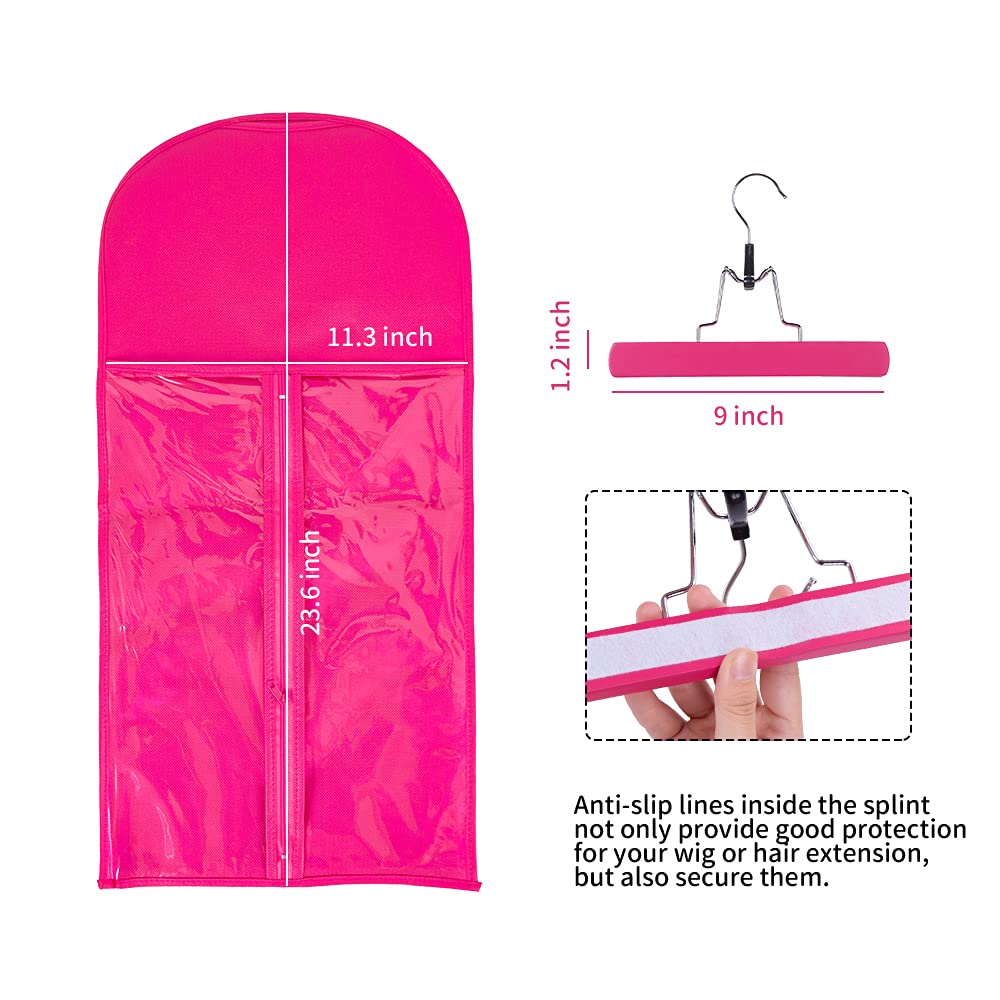 Wig Bags Storage with Hanger - 3 Packs Wig Storage for Multiple Wigs Hair Extension Storage Bag Hairpieces Storage Holder (Rose)
