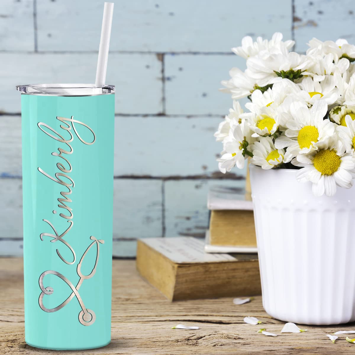 Cuptify Personalized Nurse Heart Stethoscope, Rn, Lpn, Cna, Cma, Ma Skinny Tumbler With Lid And Straw On Seafoam Gloss 20 Oz Ins