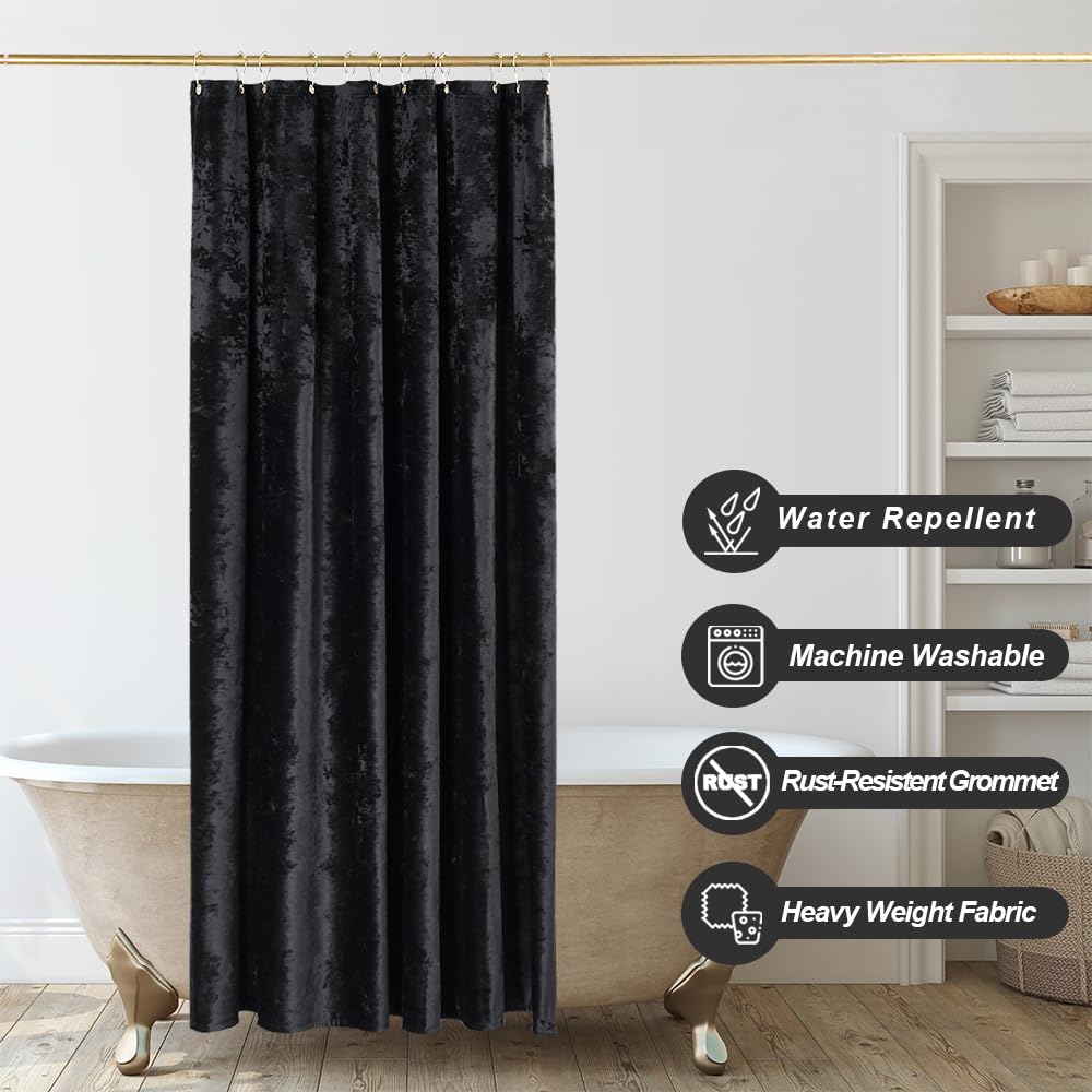 Tamgho Black Shower Curtain For Bathroom, Luxury Crushed Velvet Shower Curtain Black, Dark Shower Curtain Set With Gold Decro Me