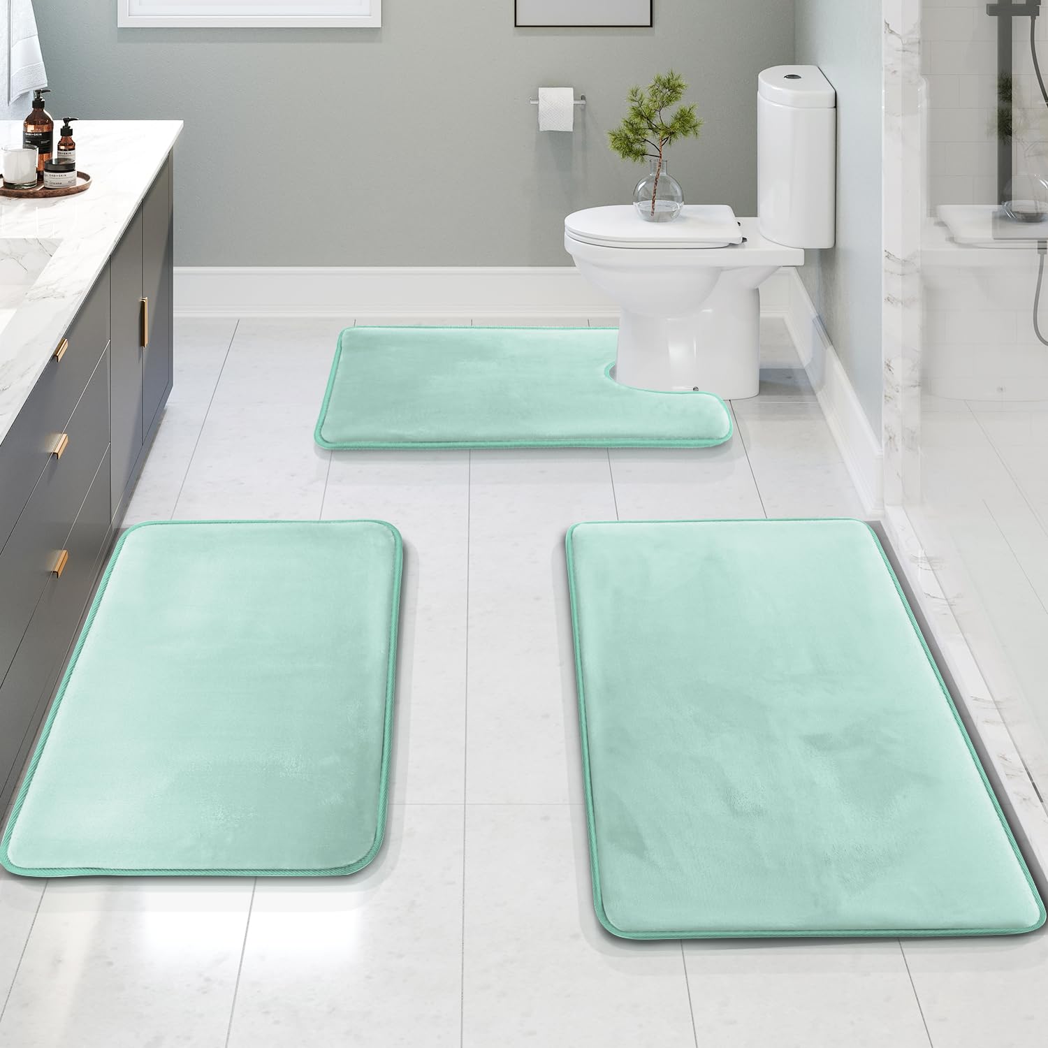 Clara Clark 3 Piece Bathroom Rugs Bath Mat Set, Velvet Memory Foam Bath Mats For Bathroom - Non-Slip, Pvc Backing Bath Rugs, Was