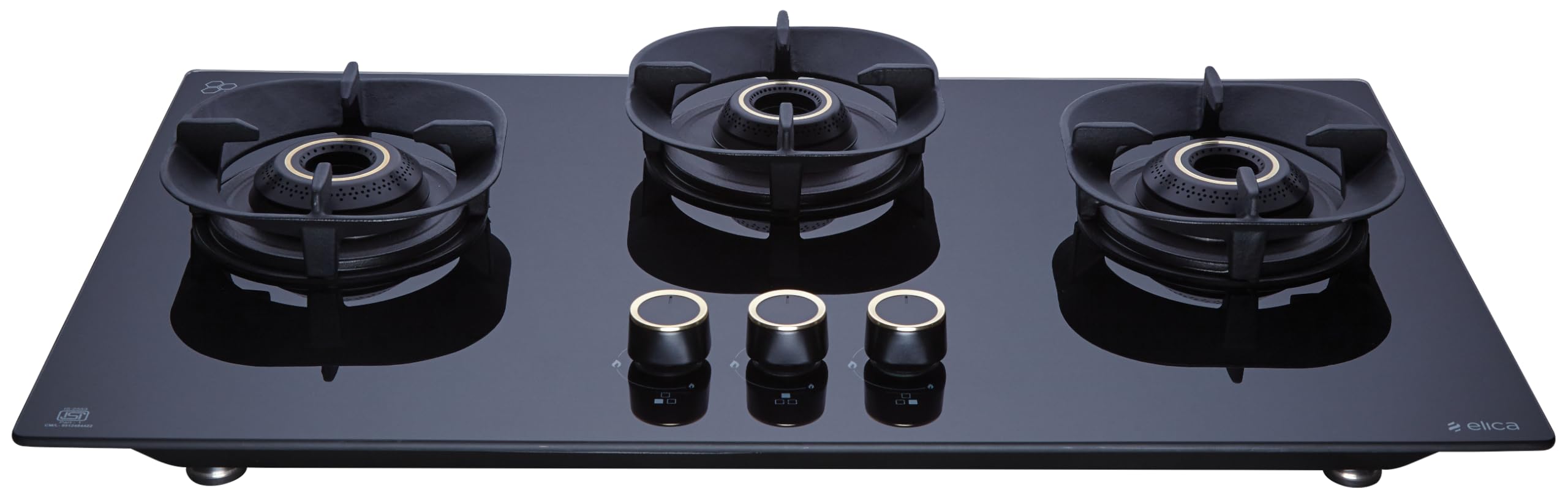 Elica 75Cm 3 Burner Auto Ignition Hob | Crown Flexi 375 Lotus Ind Hd Brass | Sabaf Triple Ring Brass Burners | 8Mm Toughened Gla