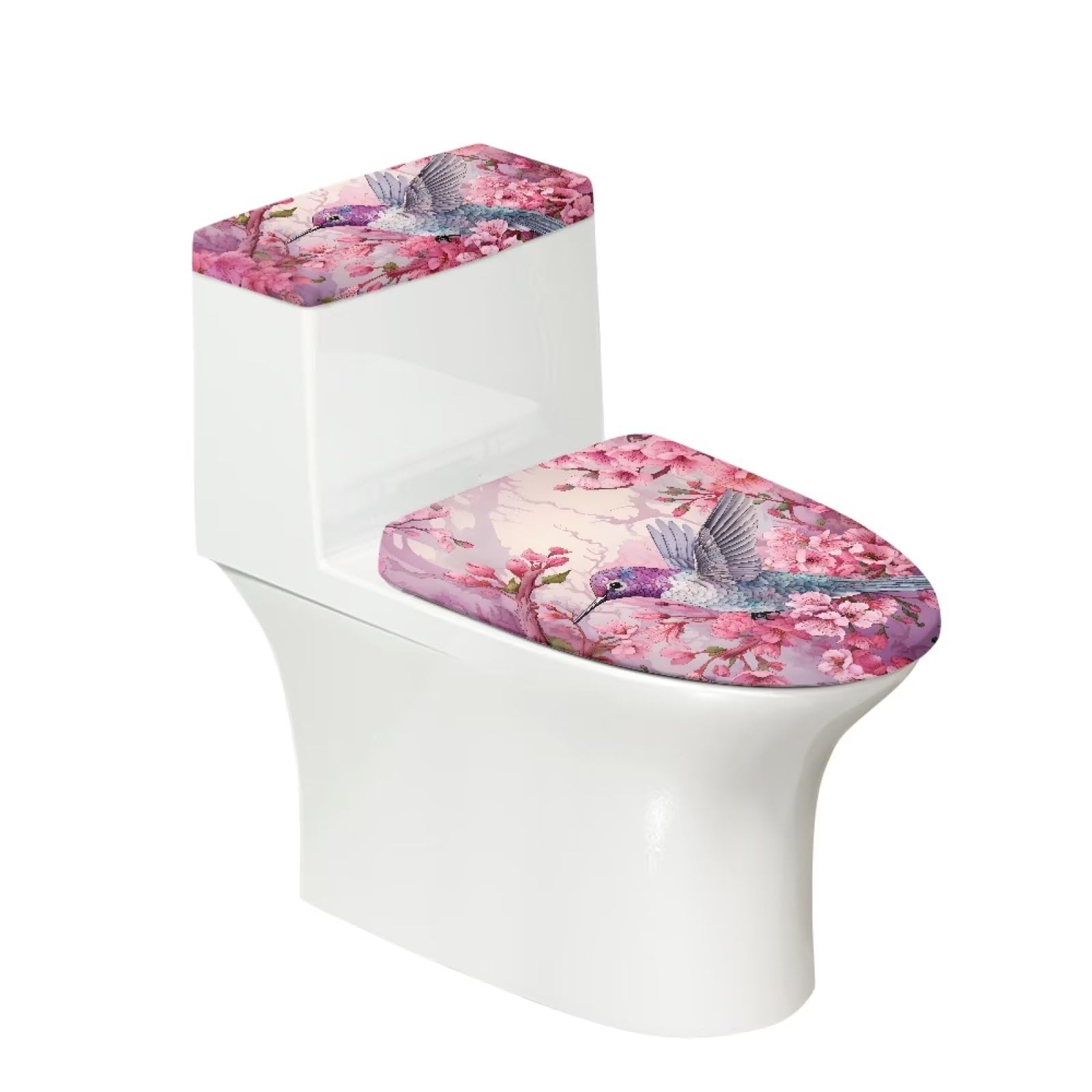 Kuiforti Pink Flowers Toilet Seat Lid Cover Set Of 2 Pcs,Hummingbird Floral Print Toilet Tank Lid Cover Toilet Mat Protective Co
