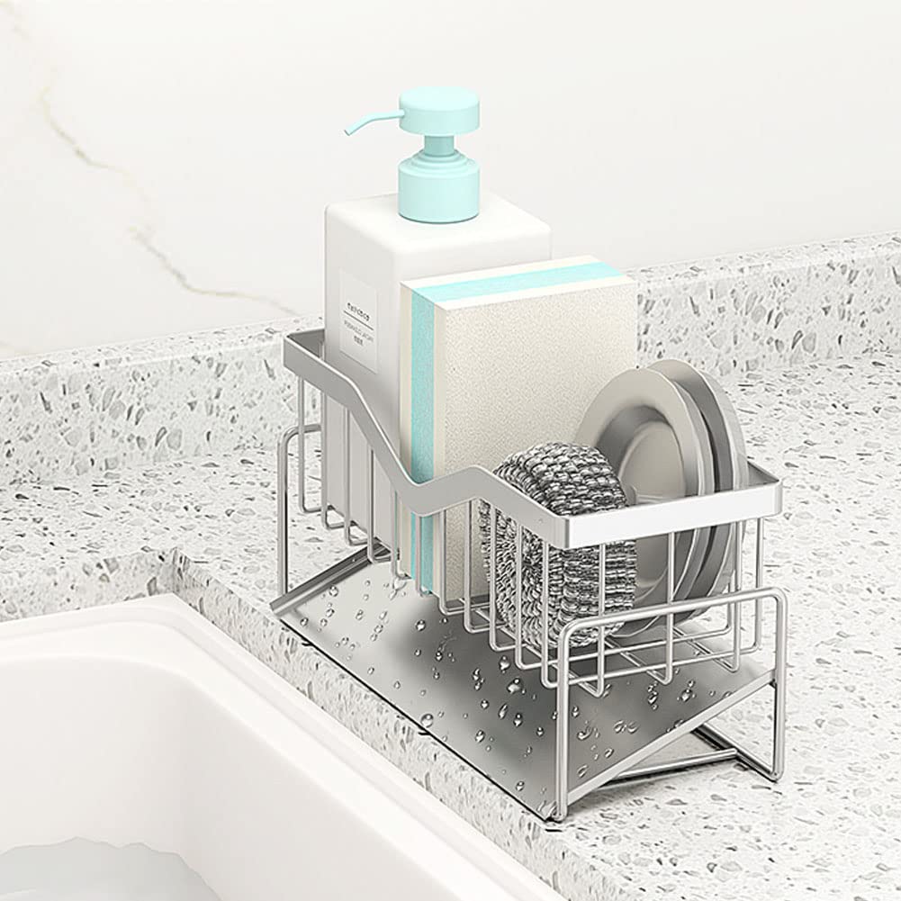 Mingfanity Kitchen Sink Caddy Sponge Holder, Quick Draining, Sus 304 Stainless Steel Sponge Organizer, Basket For Cleaning And S