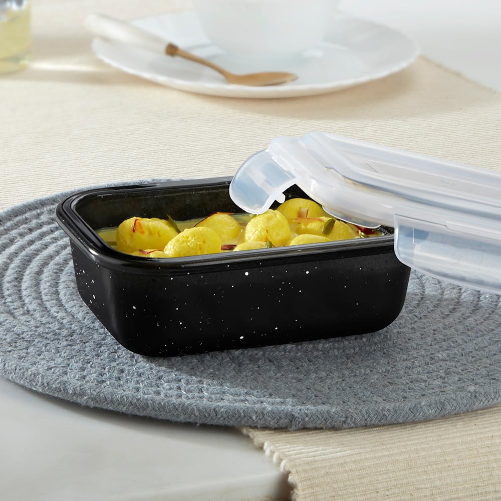 Borosil 370 Ml Pebble Black Food Storage Container With Air Tight Lid | Rectangle Shape Borosilicate Glass Organiser | Microwave