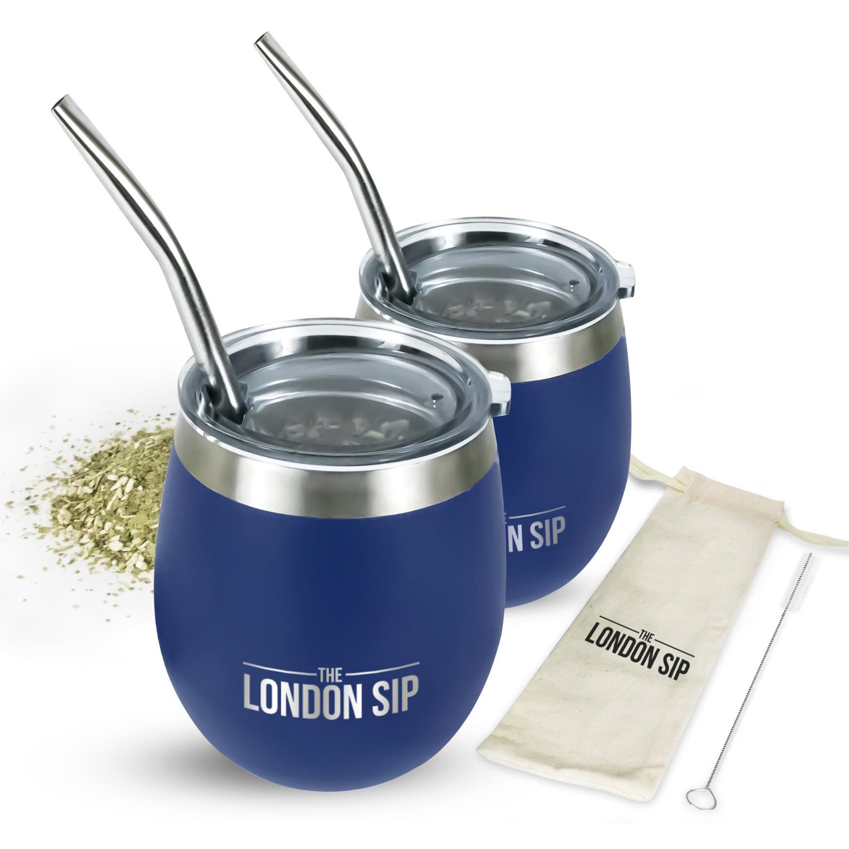 London Sip Yerba Mate Cup and Bombilla Set, Includes 2 Mate Gourds, Spill Resistant Lids, and Mate Straws, Bombilla Brush and Po