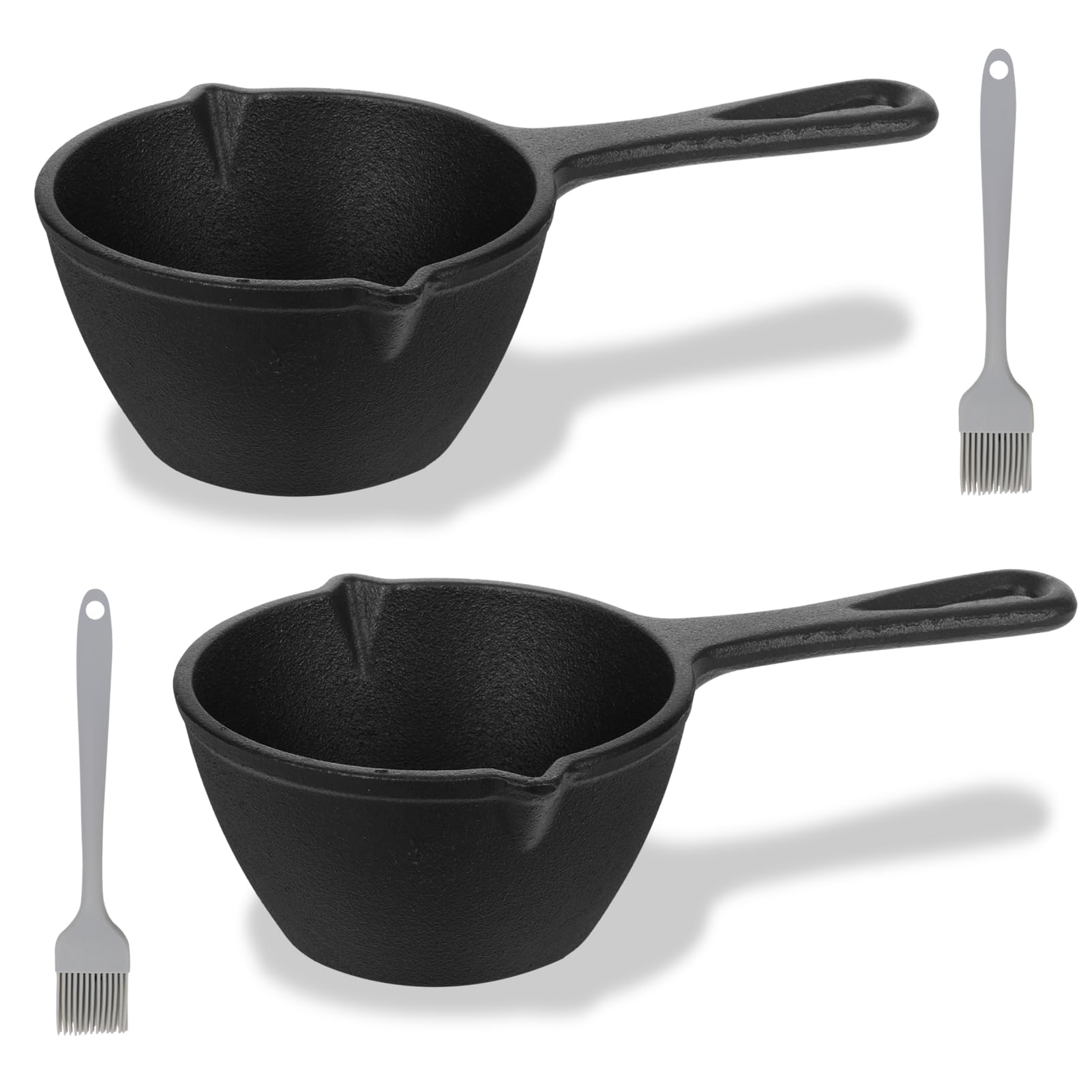 2 Pcs Cast Iron Sauce Pan and Basting Pot with Handle and BBQ Mop Brushes, Heavy Cast Iron Roasting Pans Small Sauce Pots for Gr