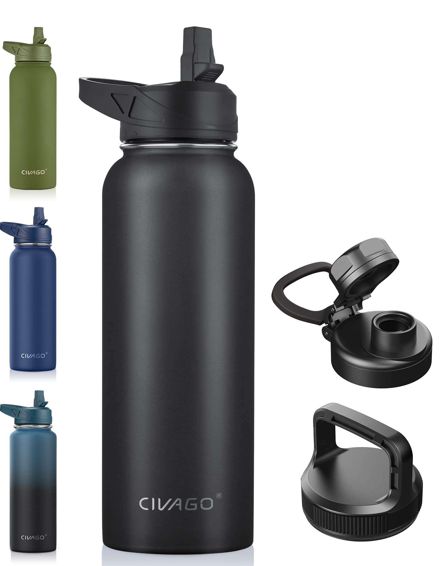 Civago 40 Oz Insulated Water Bottle With Straw, Stainless Steel Sports Water Cup Flask With 3 Lids (Straw, Spout And Handle Lid)