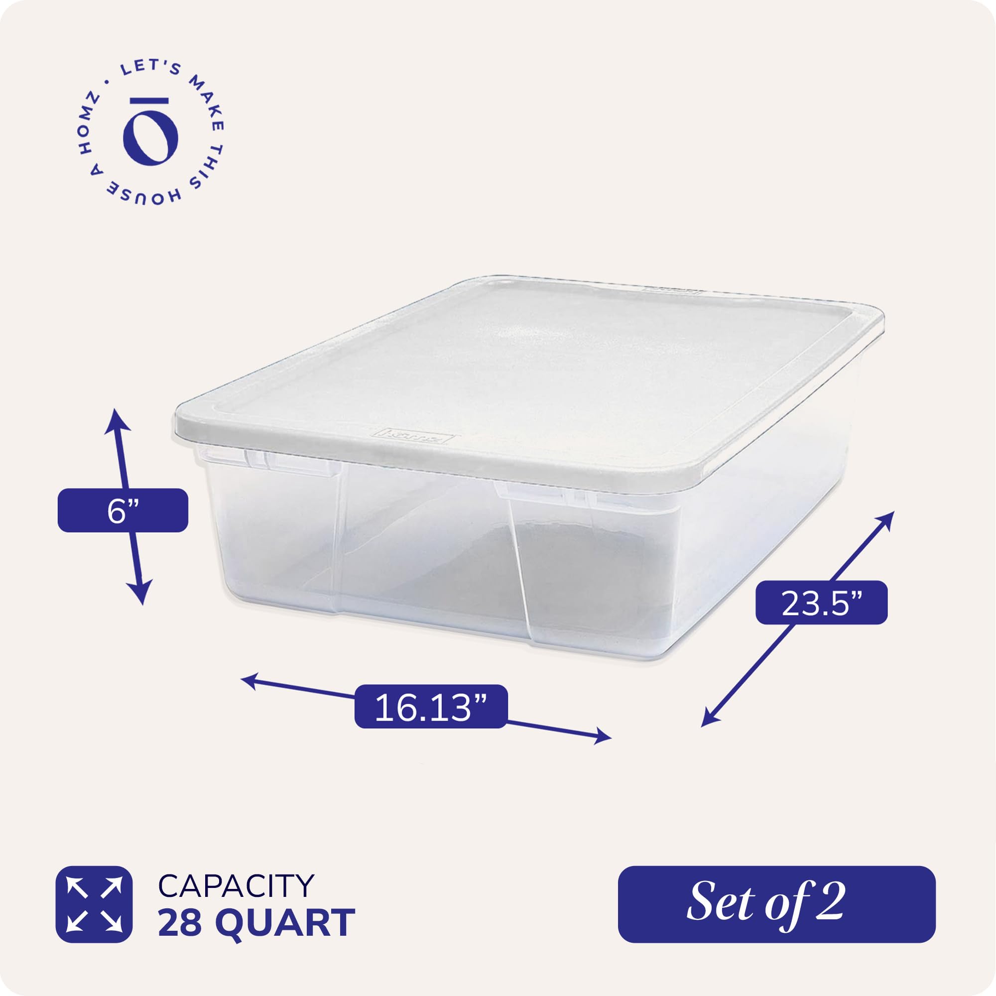 Homz 2 Pack Storage Bins, Clear Plastic Organizing Containers W/White Lids, 28 Quart