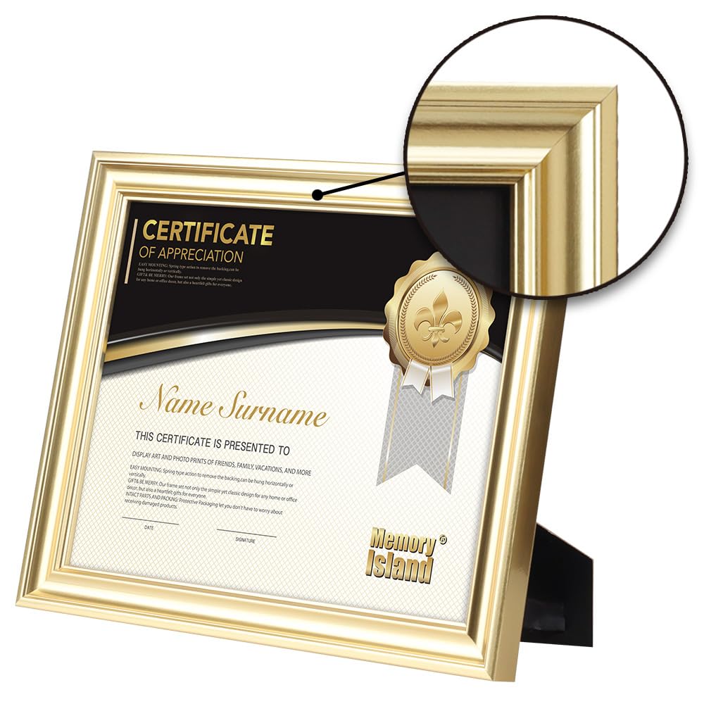 Memory Island 8.5x11 Diploma Document frames,Real Glass Fronts, 4 Pack Gold Certificate Frames for Wall Or Tabletop Display,Dipl
