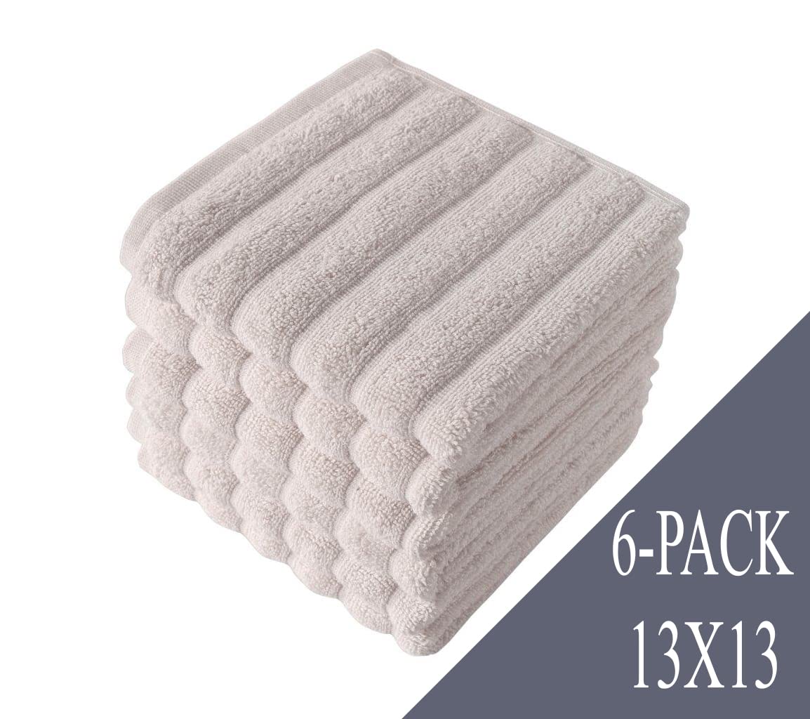 Classic Turkish Towels - Clearance Deal Luxury Ribbed Washcloths  100% Turkish Cotton  Quick Dry  Soft and Absorbent Face Wash Towels  Brampton Collection  6-Pack - 13 x 13 Inches (Almond Beige)