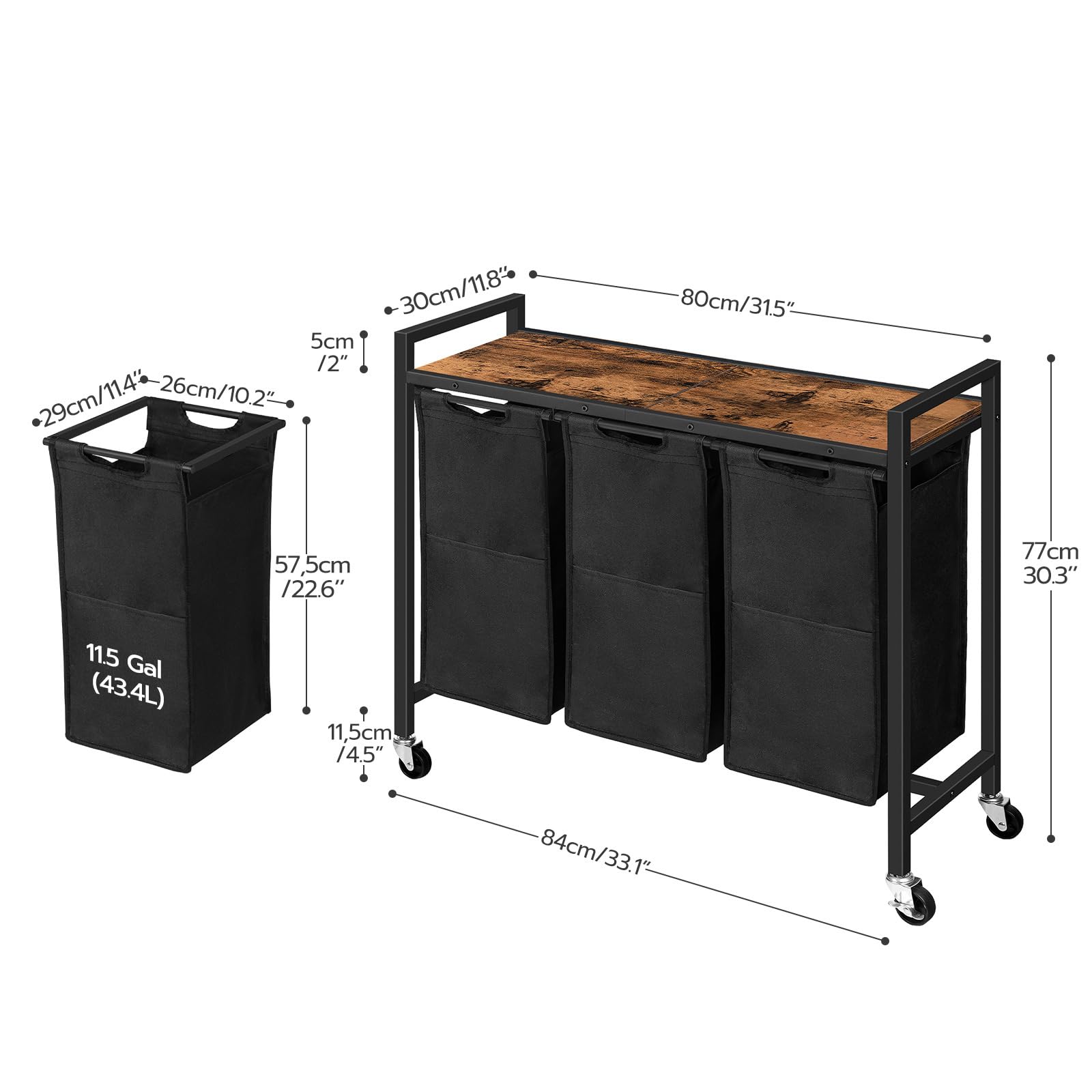 Hoobro Laundry Sorter 3 Section, Laundry Hamper With Wheels, 3    11.5 Gal (43.4L), Rolling Laundry Basket, Pull-Out And Removab