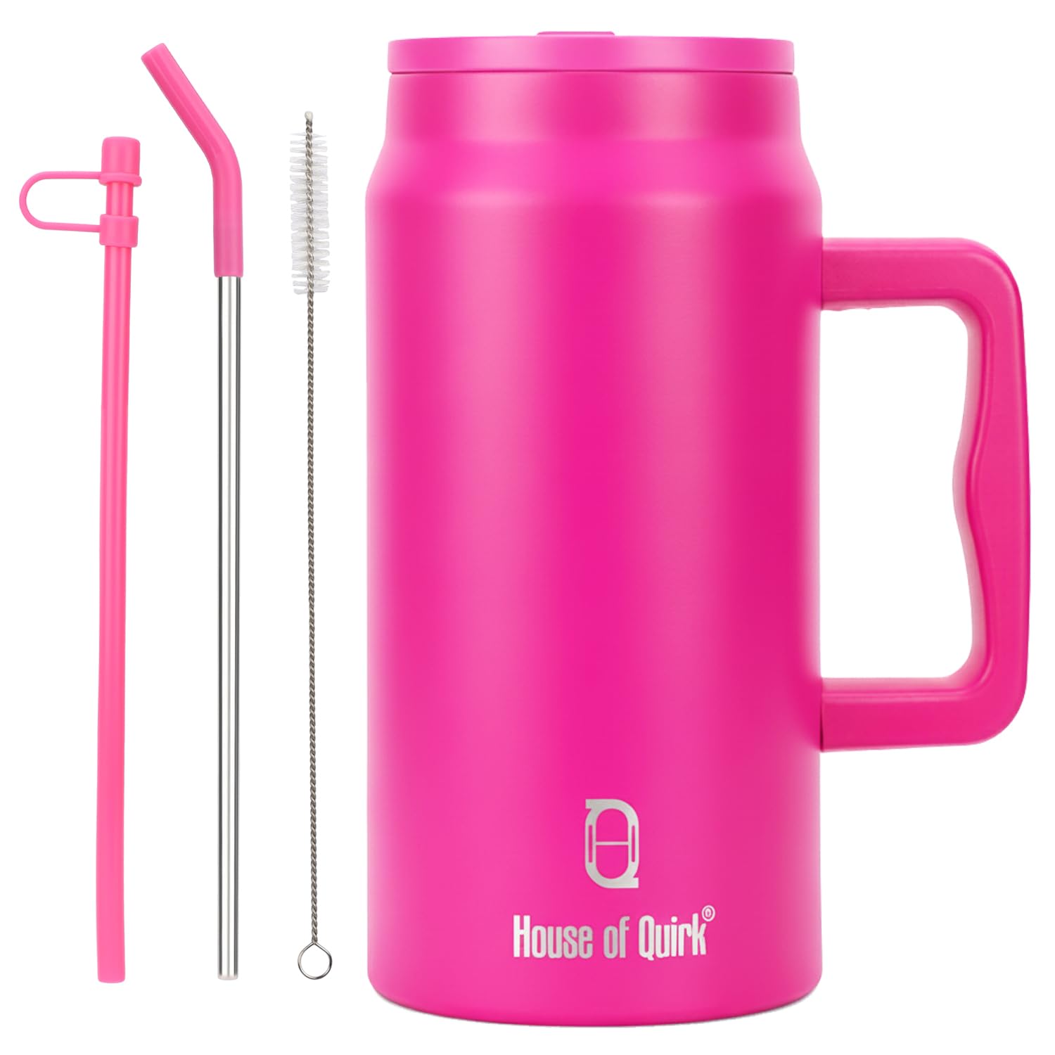 House Of Quirk 1500Ml Stainless Steel Mug Tumbler With Handle & Straw Lid - Large Water Bottle For Men & Women (Raspberry)