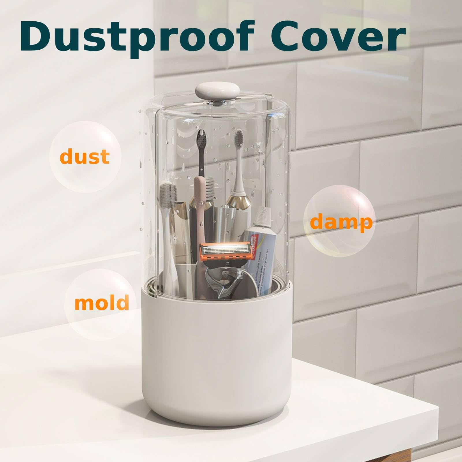 YOOLENS Toothbrush Holder with Cover 360 Rotating 4 Compartments Bathroom Toothpaste Electric Toothbrush Organizer, White