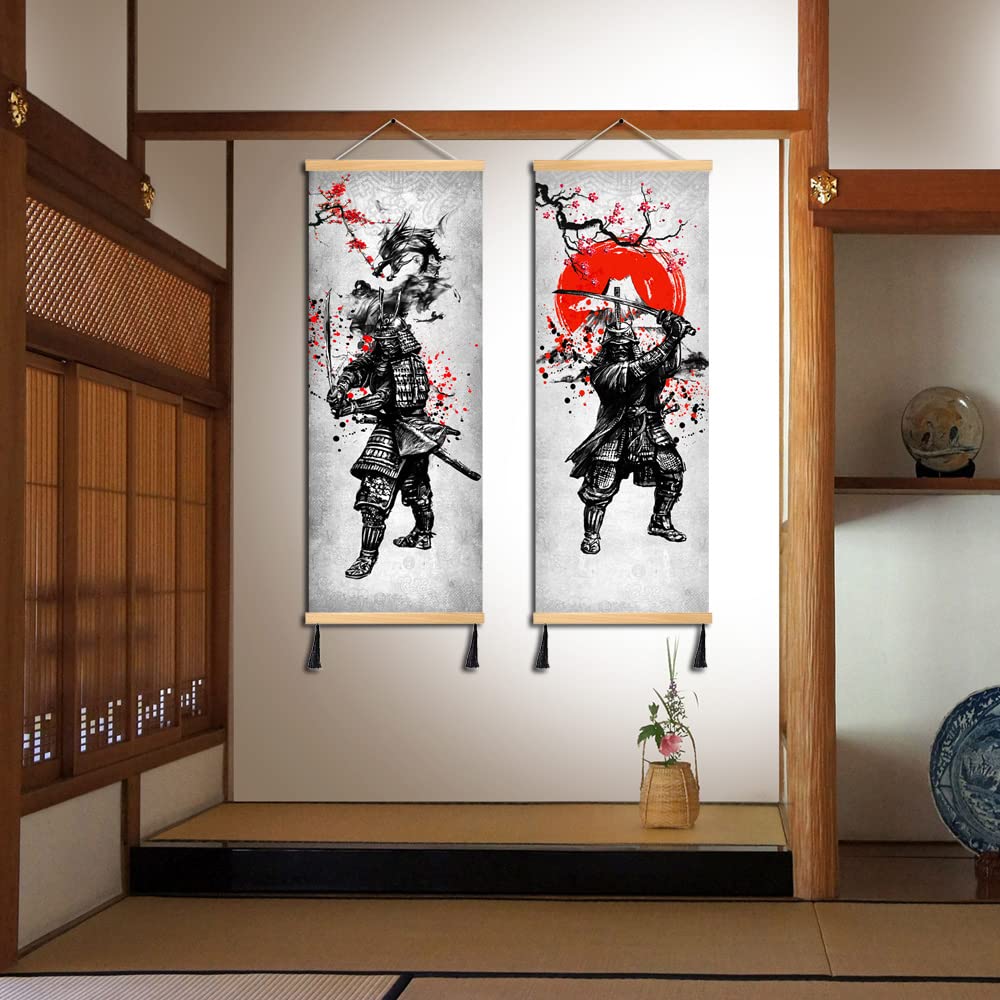 Mboufoey 2 Pieces Vintage Style Ancient Japan Warrior Dragon And Fuji Mountain Canvas Samurai Wall Art Print Poster Black And Wh