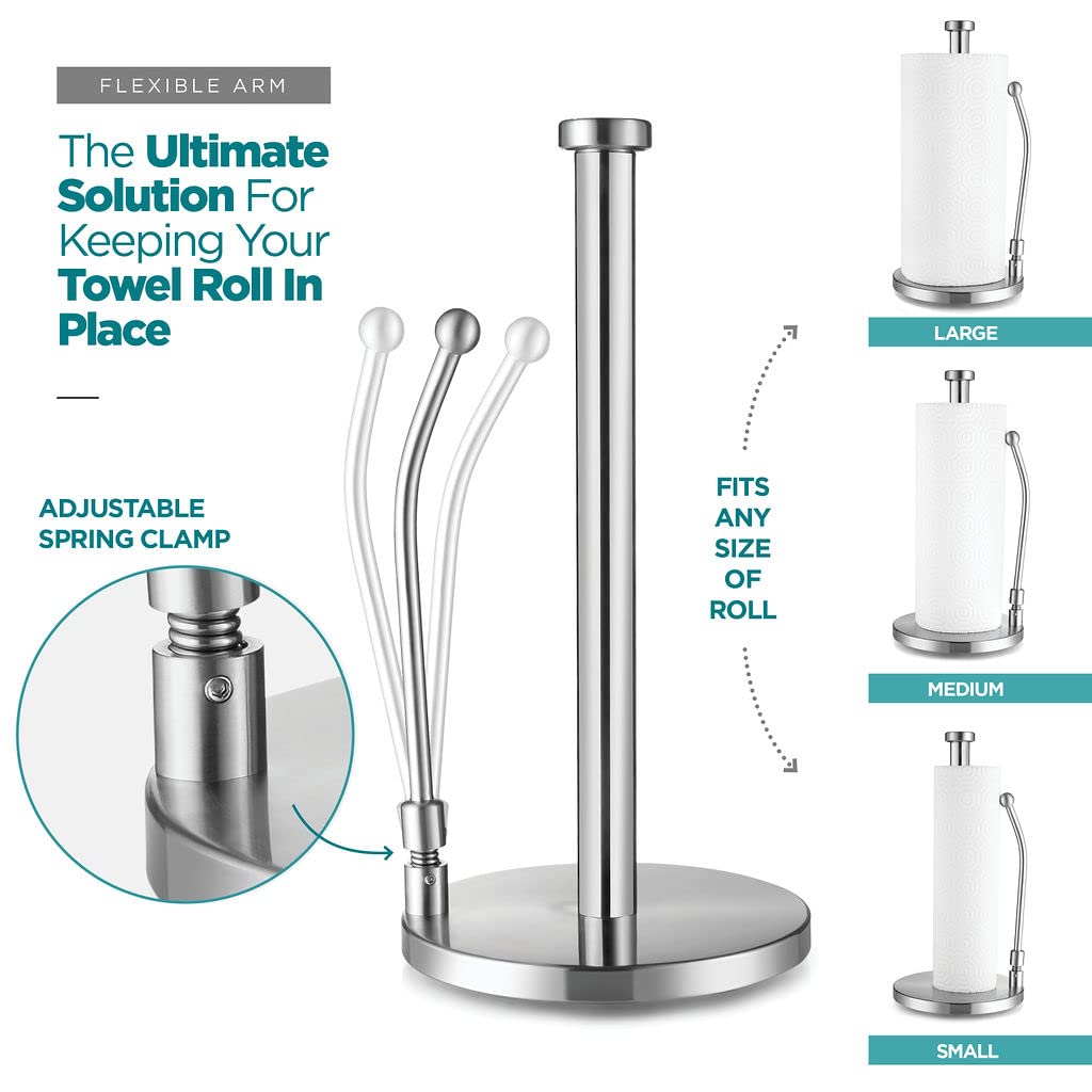 Stainless Steel Paper Towel Holder - Standing Paper Towel Dispenser With Adjustable Spring Arm & Weighted Base For Kitchen, Bath