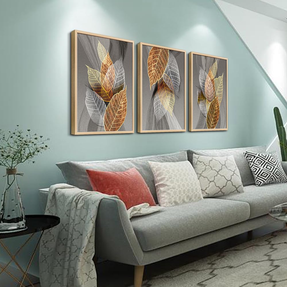 Natural Wood Framed Wall Art For Living Room Large Size Wall Decorations For Bedroom Office Wall Decor Abstract Leaves Painting