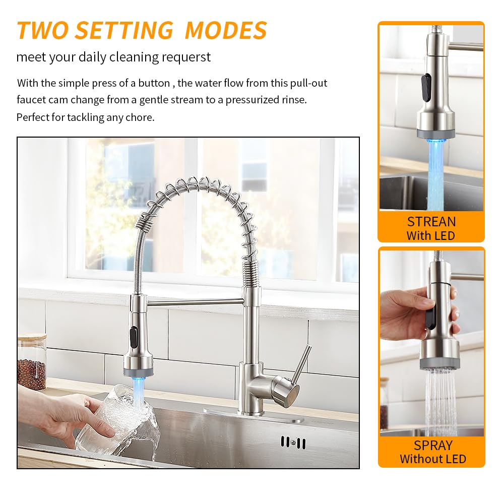 LED Light Kitchen Faucet with Pull Down Sprayer Sus304 Stainless Steel Industrial Single Handle Faucet for Farmhouse Camper Laundry Utility Rv Wet Bar Sinks Brushed Nickel 9003SN