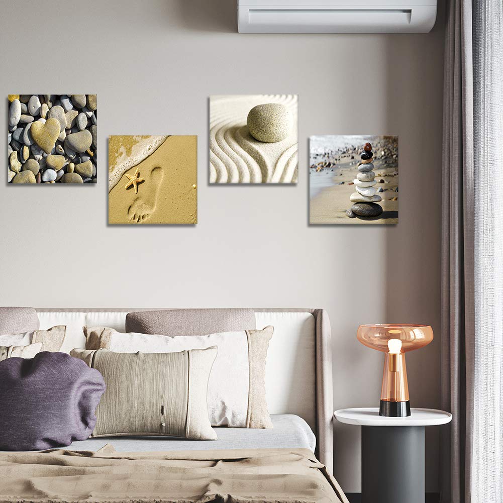 Artscope 4 Pieces Canvas Prints Wall Art - Seaside And Stones Picture Painting- Modern Wall Artwork Framed For Bathroom Home Off