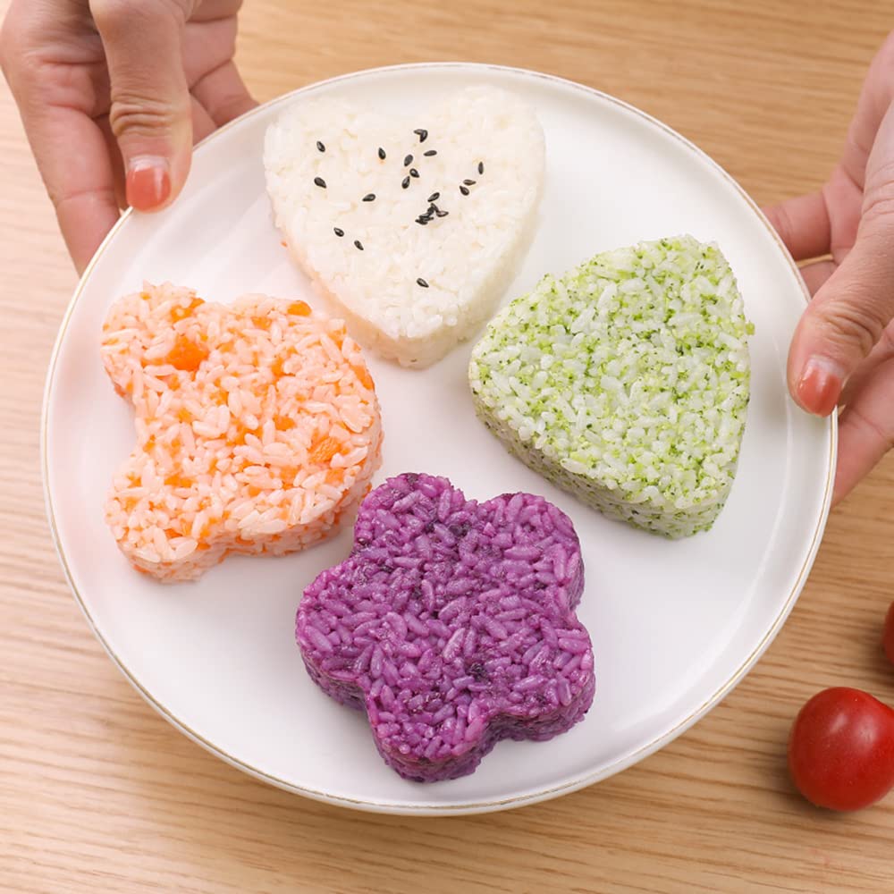 AYCCNH Non Stick Onigiri Mold Triangle  Heart  Bear and Plum Blossom Shaped Rice Ball Press Molds  Creative Sushi Rice Making Kit  With Small Rice Paddle (4 Pieces)