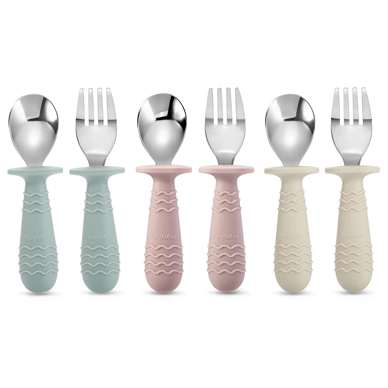 PandaEar 6 Pieces Baby Toddler Silicone Stainless Steel Utensils Silverware Spoon Fork for Baby Toddler BPA Free with Silicone H