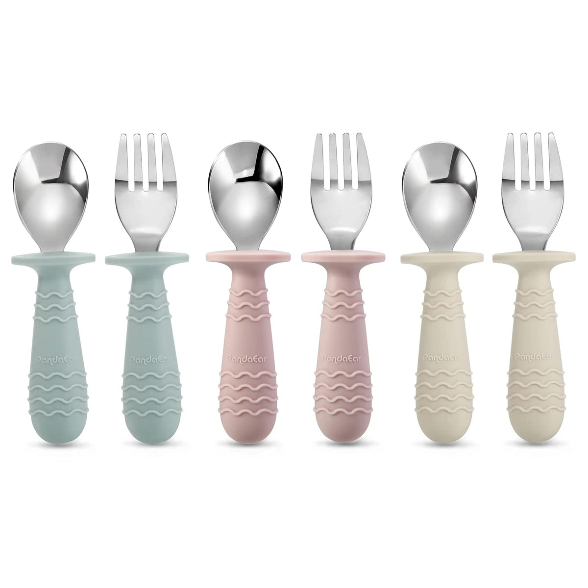 PandaEar 6 Pieces Baby Toddler Silicone Stainless Steel Utensils Silverware Spoon Fork for Baby Toddler BPA Free with Silicone H