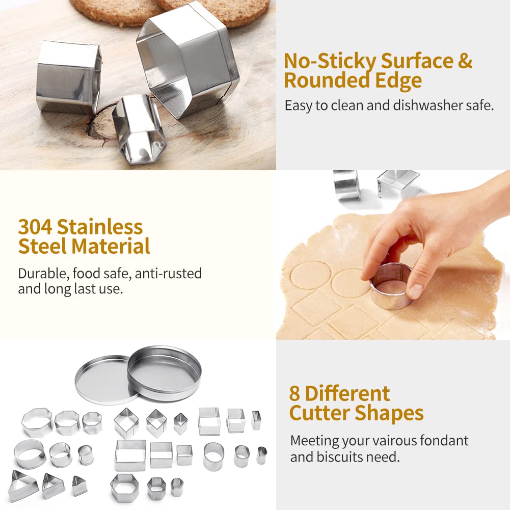 Ofone 24 Pcs Small Cookie Cutters Set, Stainless Steel Geometric Shapes Fondant Cutter Including Square Triangle Oval Rectangle