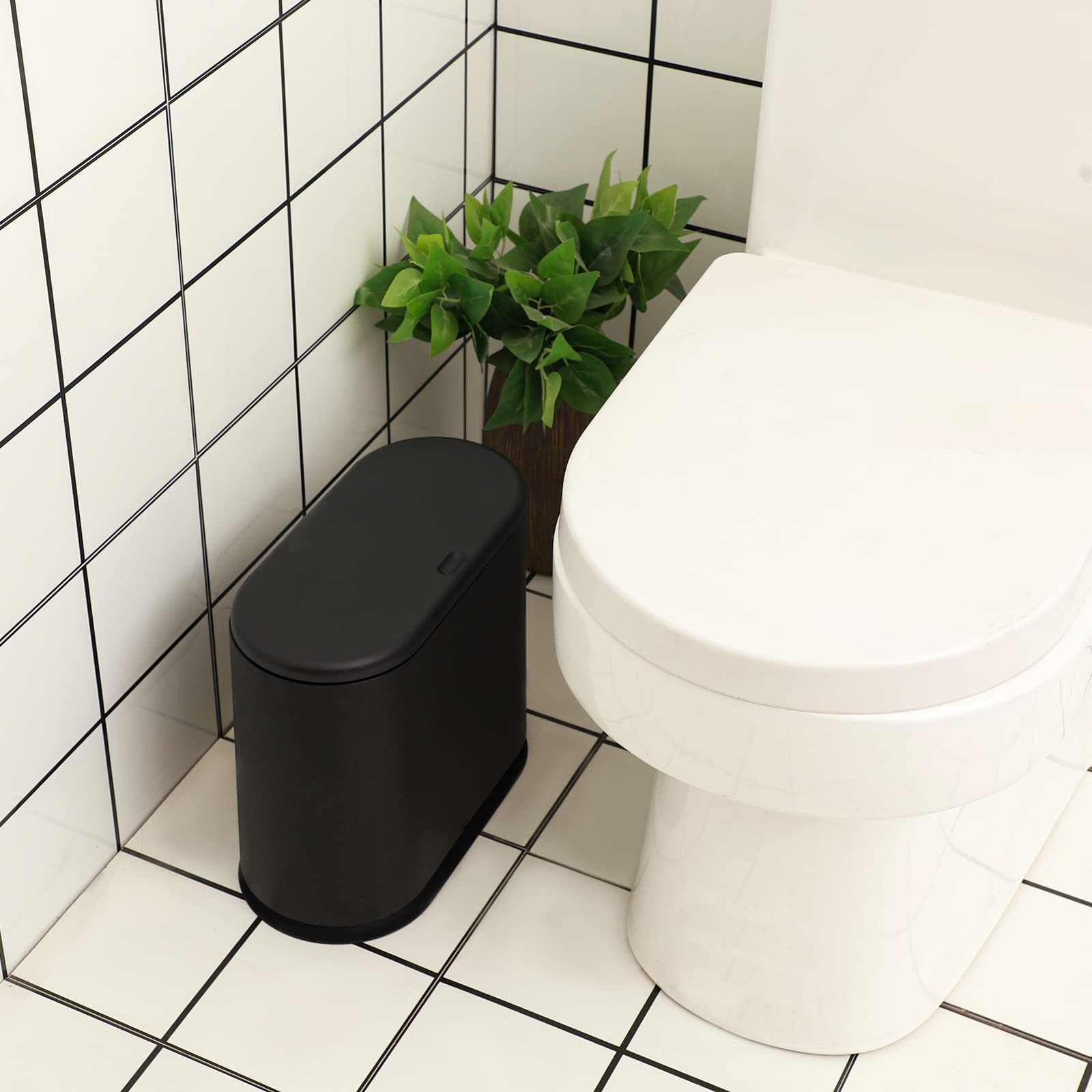 Pengke Slim Plastic Trash Can,2.7 Gallon Garbage Can With Press Top Lid,Black Modern Waste Basket For Bathroom,Living Room,Offic