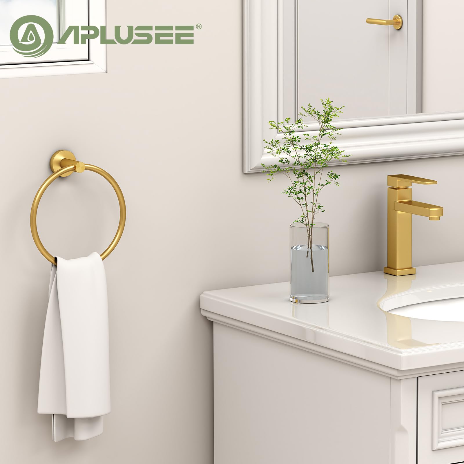 Aplusee Towel Ring For Bathroom Wall, Brushed Gold Hand Towel Ring Holder, Heavy Duty Sus 304 Stainless Steel Modern Bathroom Ac