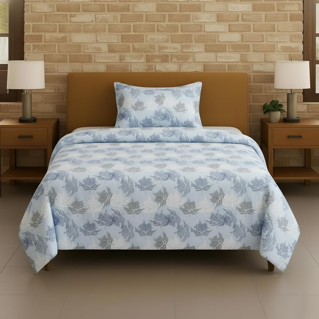Trance Home Linen Pure 100% Cotton 144TC Printed Single Fitted Bedsheet with 1 Pillow Cover (78 x 36 inch, Fern Paradise Blue)
