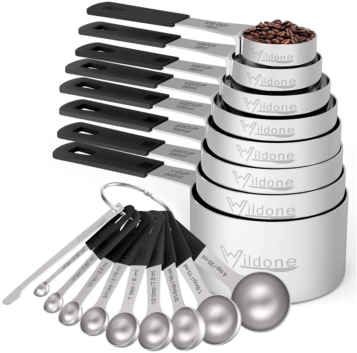 Measuring Cups & Spoons Set Of 18 - Wildone Stainless Steel Nesting Measuring Cups 8 Piece And 9 Measuring Spoons, 1 Leveler, Id
