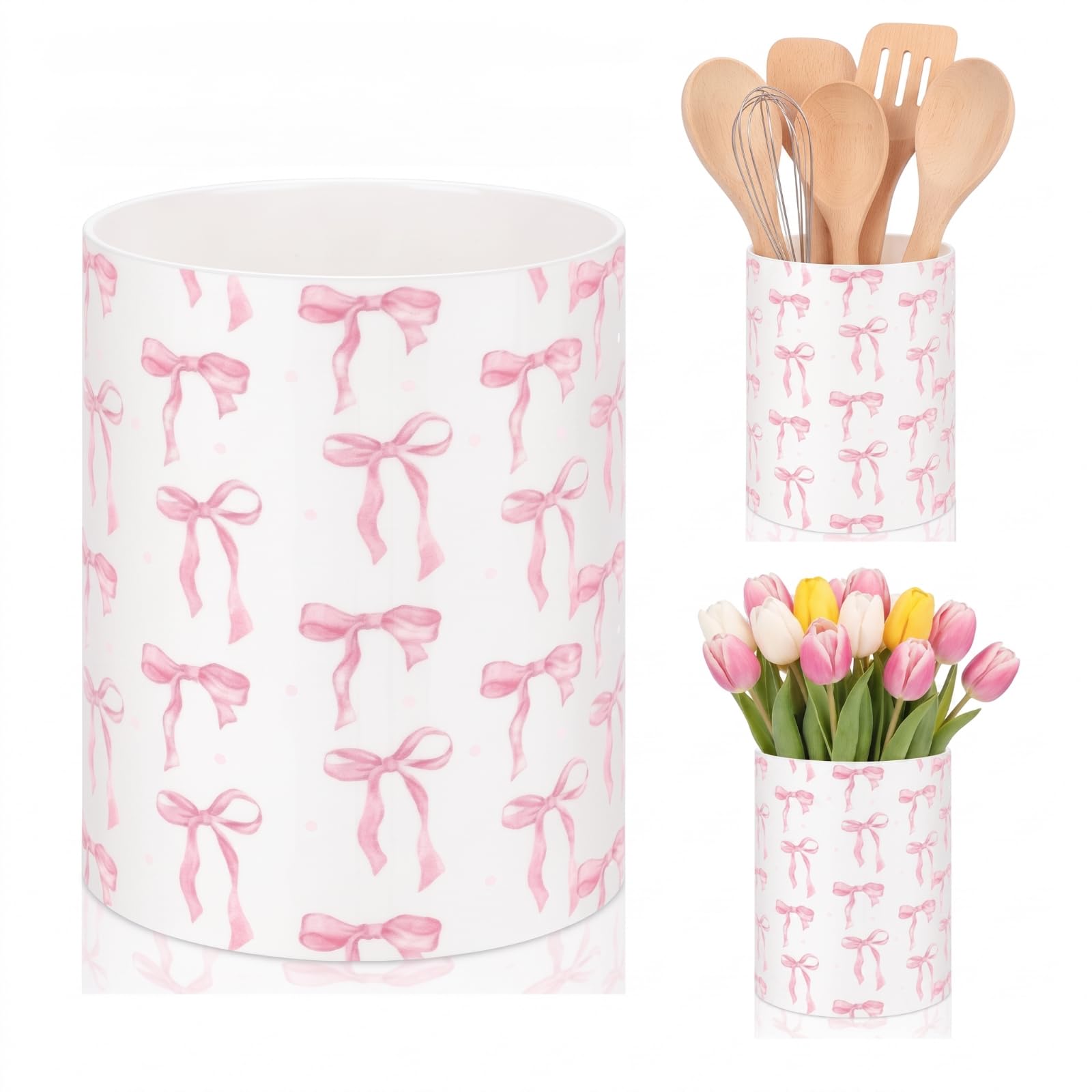 WILLBOND Pink Bow Utensil Holder Acrylic Kitchen Utensil Organizer Caddy