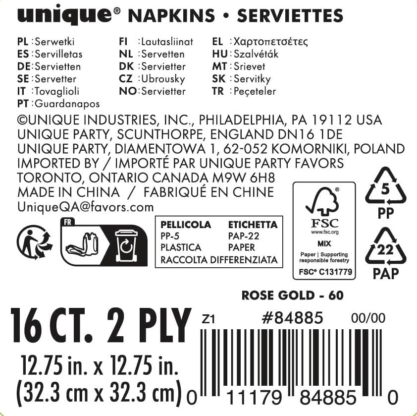 Unique Party 84885 60Th Birthday Lunch Paper Napkins - 6.5'' X 6.5'' | Glittery Rosegold | 16 Pcs, Age 60, Rose Gold, Count (Pac