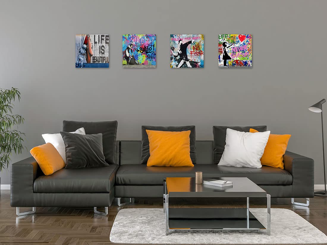 Biufo Banksy Canvas Wall Art Prints Pop Street Art Picture Paintings For Living Room Bedroom Wall Decor (16''X16''X4Pcs)