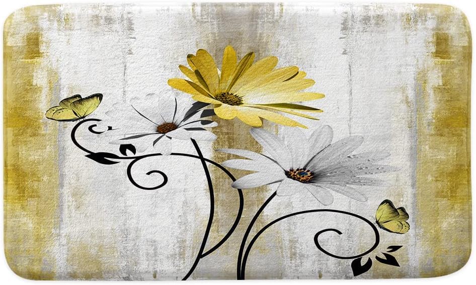 Veivian Rustic Farmhouse Bath Mat, Farm Yellow Daisy Floral Flowers Butterfly Country Wooden Bath Rug For Bathroom, Grey White B